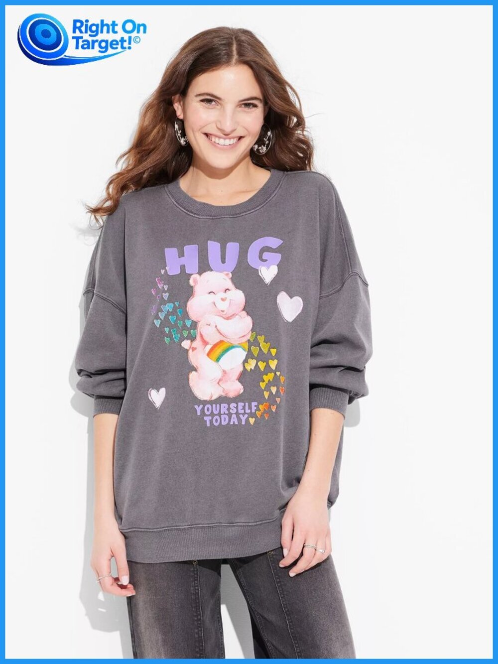 XS - Womens Care Bears Hug Oversized Sweatshirt - Charcoal